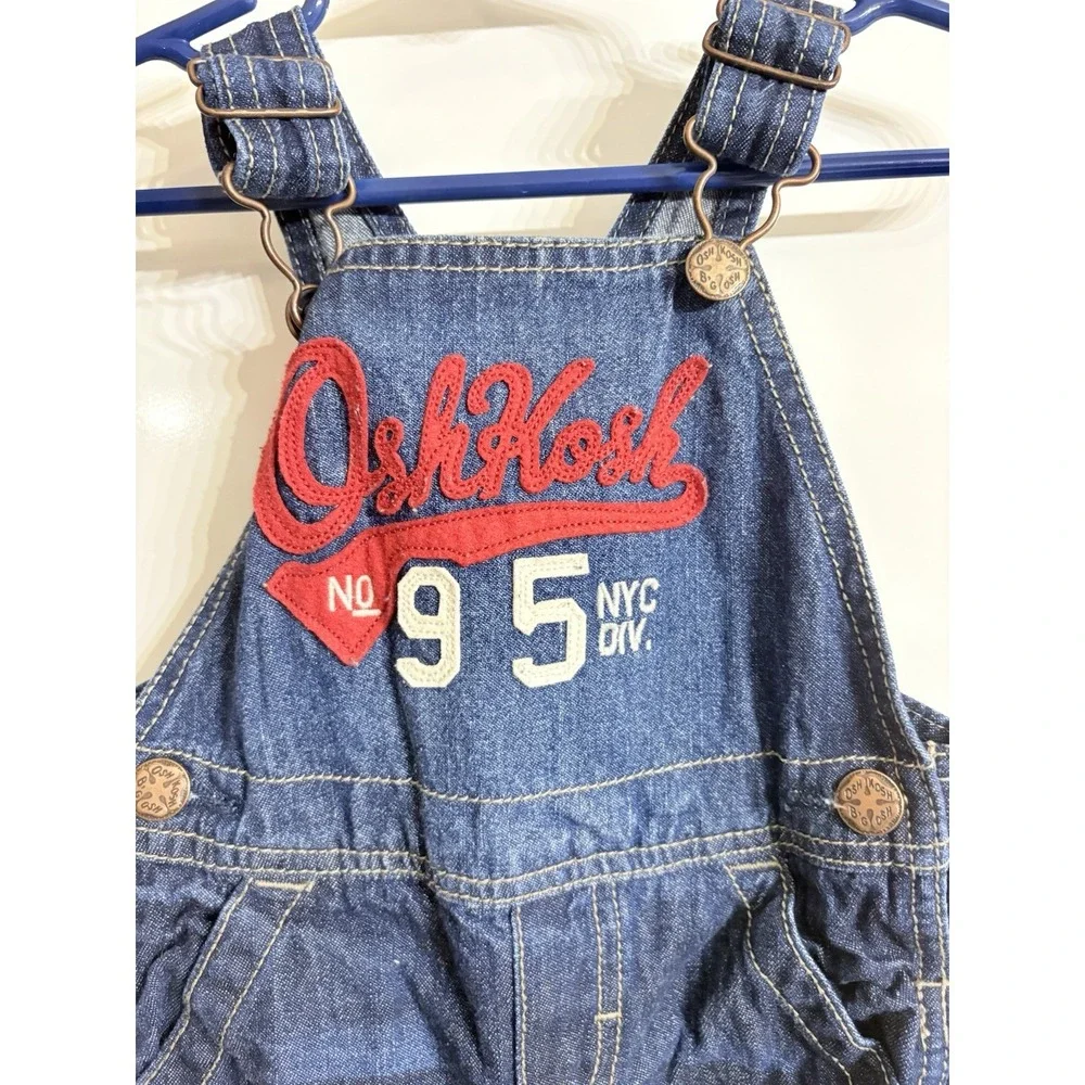 Oshkosh B'Gosh 12M Baby Boy Blue‎ Denim Overalls Red White Logo
